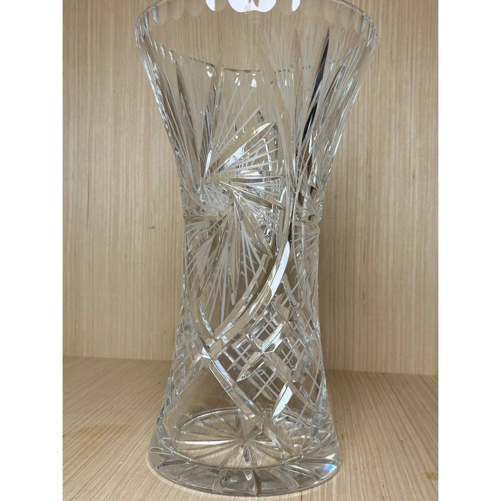 Vintage Bohemian Crystalex Cut Glass Vase Pinwheel Starburst Clear Crystal 12in